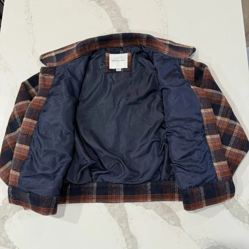 American Eagle Plaid Oversized Lined Shacket Women’s Medium Brown/Navy Jacket - Picture 6 of 9